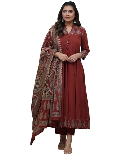 Image of GoSriKi Women's Rayon Viscose Anarkali Printed Kurta Pant with Dupatta | Anarkali Kurta Set for Women | Flared Kurti Pant Set | Ethnic Printed Suit for Women