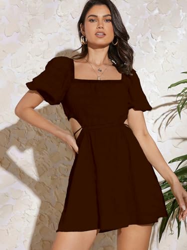 Image of Aahwan Women's & Girl's Fit and Flare Black Solid Summer Beach Square Neck Puff Sleeve Cut Out Waist Mini Dress