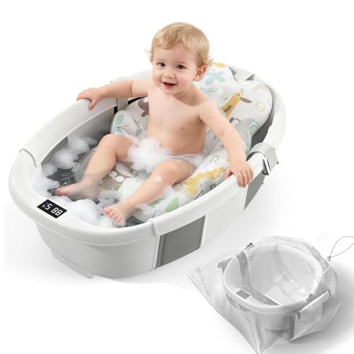 Collapsible Baby Bathtub, 3s to Install, Baby Bath Tub with Soft Cushion & Thermometer, 0-36 Months Newborn Bathtub, Portable Travel Baby Tub, Grey