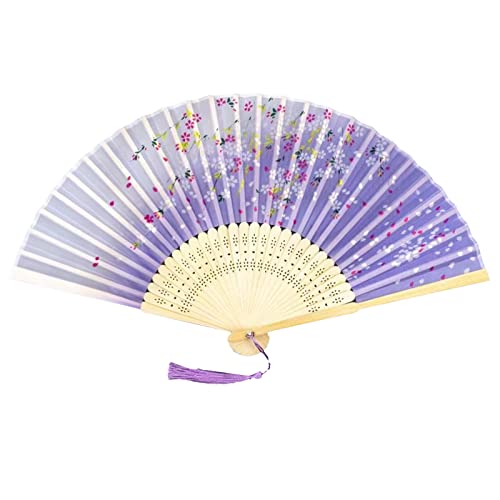 Yukiyi - Ventaglio pieghevole a mano per donna, in bambù, con nappa, in tessuto di seta, per decorazione da parete, matrimonio, festa (fiore viola)