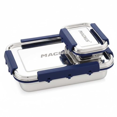 Image of Magnus Dixie Stainless Steel Lunch Box - Airtight & Leak Proof Tiffin, 2 Containers (800ml & 200ml), Ideal Lunch Box for Kids, Lunch Boxes for Office Men, Women & Picnic, Blue
