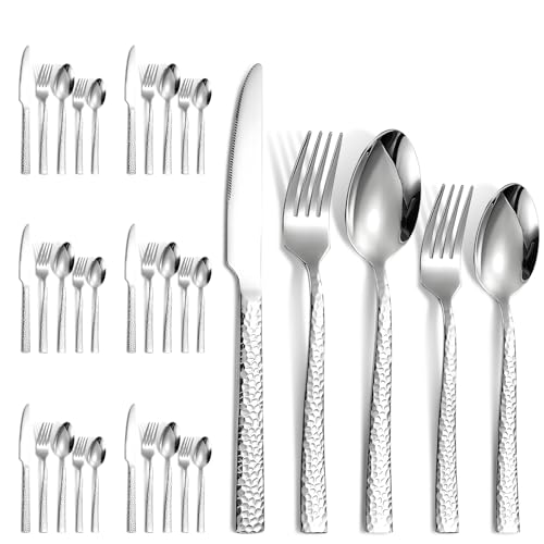 Lista de Cuchillos de postre Top 5. 48 Juego de Cubiertos de Acero Inoxidable, 30 Piezas, Diseño Moderno, Incluye Cuchillo, Tenedor, Tenedor de Postre, Cuchara y Cucharita (Textura Martillada)