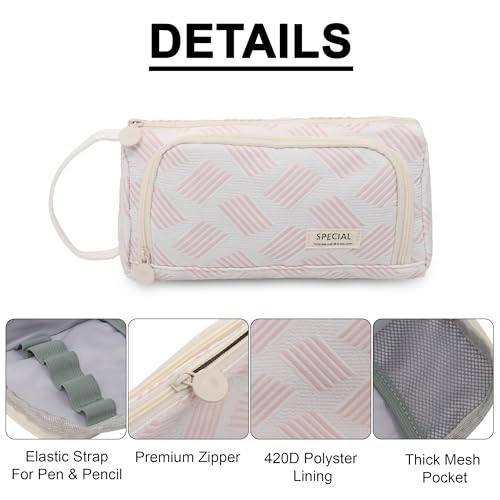 Image of Zollyss Polyester Big Capacity Pencil Case High Large Storage Pouch Marker Pen Case Simple Stationery Bag School College Office Organizer for Teens Girls & Boys (White with Design)