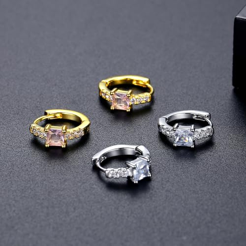Square Cut Pink Moissanite Hoop Earrings, 14K Gold Huggies Earrings for Women, Fashion Gift for Her4