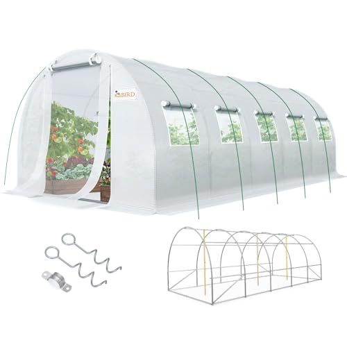 KING BIRD Premium 25x10x6.6FT Greenhouse for Outdoors Large Walk-in Upgraded Galvanized Metal Frame Mesh Door Screen Window Improved Zipper Tunnel Hoop for Garden Plant Winter 2 Stiffeners White