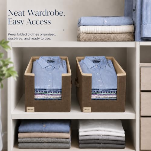 Image of VERVENIX Shirt Stacker Set of 2, Non Woven Foldable Clothes Storage Organizer with Handle, Wardrobe Closet Organizer, Space Saving Cloth Organizer for T-Shirts, Shirts, Jeans, Brown