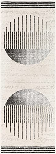 BoutiqueRugs Angus Black and White Modern Abstract Geometric Runner Rug - Contemporary Striped Rug for Hallway, Kitchen - Black, Charcoal, Light Gray, Cream - 2'7