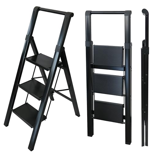 UZIRO Escaleras Plegables 3 Peldaños, Escalera de Aluminio 3 Peldaños Anchos, Sistema Antideslizante, Muy Liviana y Facil de Guadar