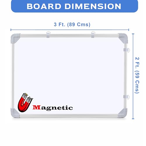 Image of Eduway (Magnetic) 3x2 Feet White Board with (Marker, Duster and Magnets) | Ideal Use for Home, Office, Kids with Sliding Hanging Clips, Robust Aluminum Frame and Smooth Melamine Surface (89x59 Cms),