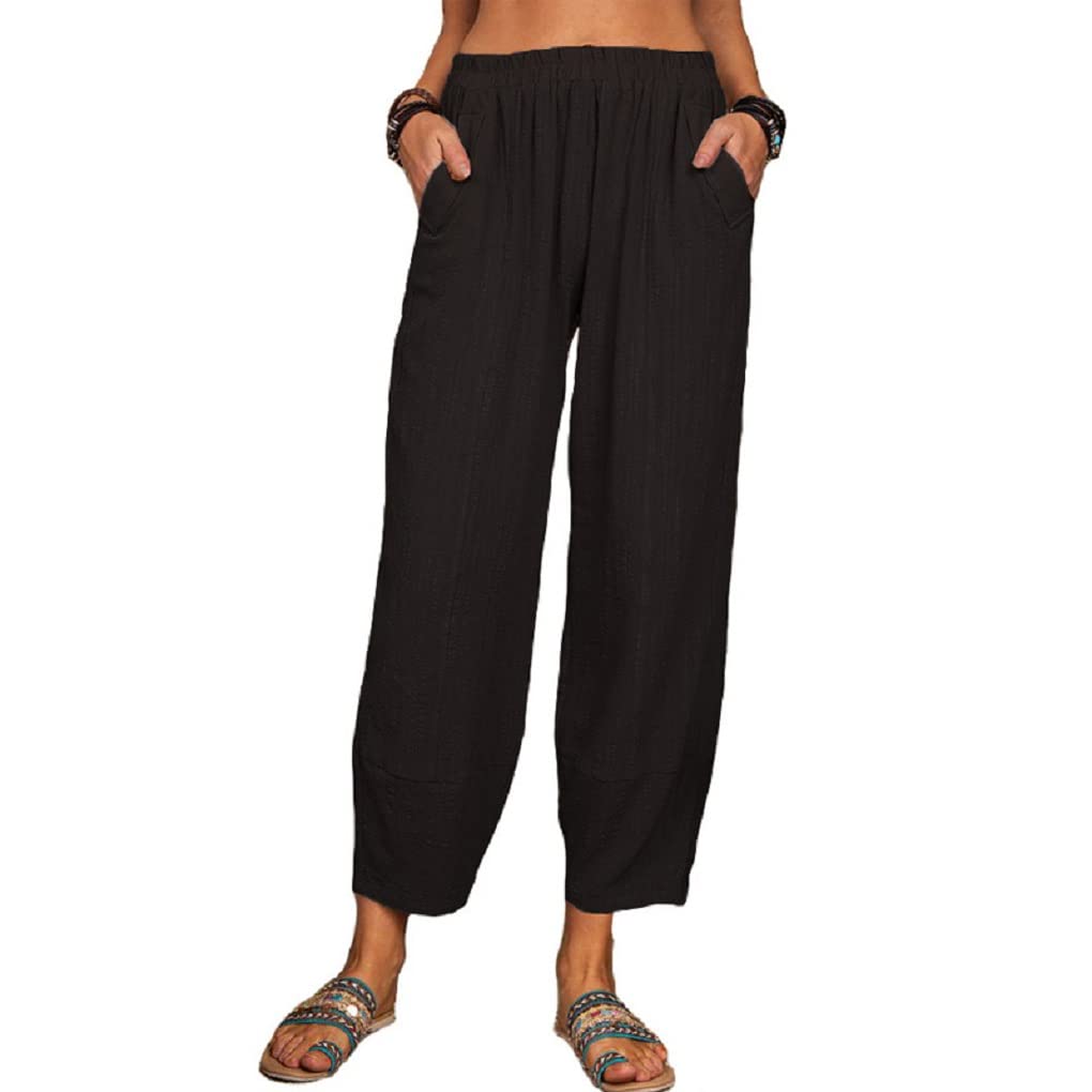 TBA Womens High Elastic Waisted Summer Casual Tapered Pants Comfy Loose Cropped Work Pant with Pockets