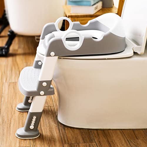 Image of Potty Training Seat with Step Stool Ladder for Kids and Toddler,Wiifo Sturdy Potty Ladder with Soft Padded Cushion for Boys and Girls,Toddler Toilet Training Seat Chair(Grey White)