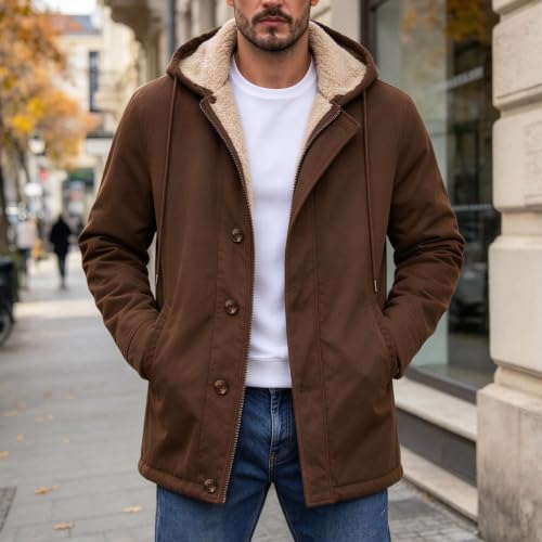 GOSEAGOTOFUN Mens Fleece Jacket Hooded Fleece Lined Work Jacket Long Sleeve Button Down Casual Coat Winter Warm Outdoor Coat Coffee Small - image 3