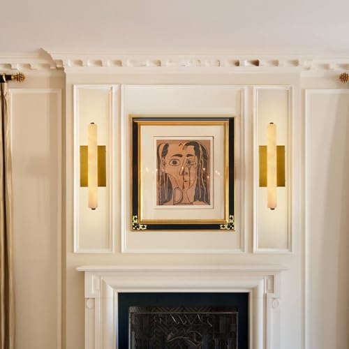 Image of 15in Alabaster Wall Sconces Brass Alabaster Sconce Spanish Marble Bathroom Vanity Sconces Modern Wall Light for Living Room Bedroom Staircases Indoor Gold