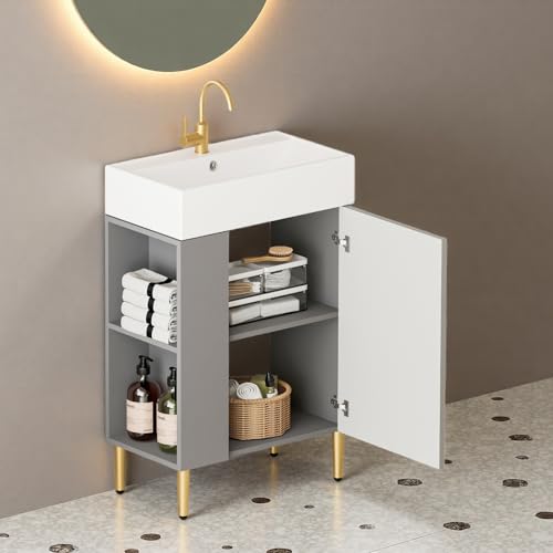 Image of 21.6 inch Freestanding Bathroom Vanity with Ceramic Sink, Matte Gray | Ceramic Sink, Wave-Pattern Door & Two-Layer Left Open Compartment, Bathroom Storage Cabinet, Easy Installation