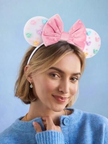 Image of DRESHOW Mouse Ears Headbands for Women Plain White Pearl Mickey Ears Hairbands Bow Head Bands Velvet Head Band Cosplay Costume Princess Party Decorations Disney Trip