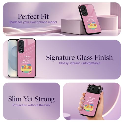 Image of Stylish Designer Glass Case Compatible with Samsung Galaxy S23 FE 5G Back Cover for Women & Girls | Pink Lazy Quote, Glossy & Scratch-Resistant Finish