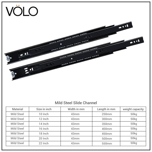 Image of Volo Heavy Duty Drawer Slides, Full Extension Ball Bearing Runners | Pack of 2 Piece | Channels for Kitchen Cabinets, Wardrobes, and Dressers (Black Mild Steel, 16 Inch)