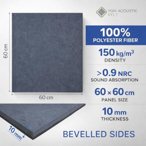 Image of YGM Acoustic Foams Luxury PET Felt Acoustic Self Adhesive Panels, 10 MM Thick, Sound Absorbing Panels for Wall | Room Noise Reducer & Sound Dampening (Midnight Grey, 2x2 Foot - 24 Panels)