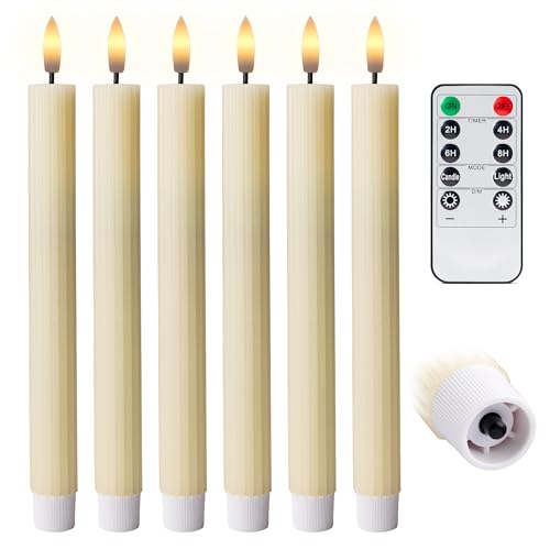 Image of 10 inch Fluted Ribbed LED Ivory Grooved Real Wax Taper Candles, Remote & 24h Timer Memory, On /Off Switch - Flameless Dimmable Battery Operated w /Flicker Mode, Home Wedding Decor (6 Pack)