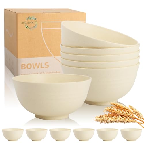 Image of Wheat Straw Bowls Set of 6, 26 OZ Unbreakable Cereal Bowls, Reusable Plastic Bowls for Camping, Dorm, RV, Picnic, Lightweight Salad Soup Bowls, Microwave & Dishwasher Safe, Beige