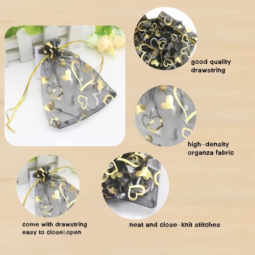 Image of QIANHAILIZZ 100 pcs 3.5 x 4.7 Inch Flower Heart Organza Jewelry Gift Pouch Candy Pouch Drawstring Wedding Favor Bags X92 (black gold heart)