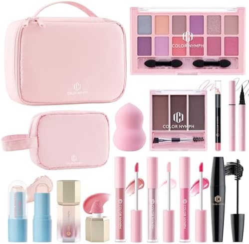 Color Nymph Makeup Set for Teen Girls Women with 2-in-1 Travel Bag, All In One Makeup Case Full Kit Includes Eyeshadow Lipgloss Eyebrow Powder Highlighter Blush Mascara Eyeliner Lipliner and Puff - Pink