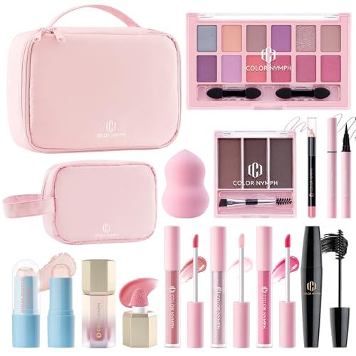 Color Nymph Makeup Set for Teen Girls Women with 2-in-1 Travel Bag All In One Makeup Case Full Kit Includes Eyeshadow Lipgloss Eyebrow Powder Highlighter Blush Mascara Eyeliner Lipliner & Puff - Pink