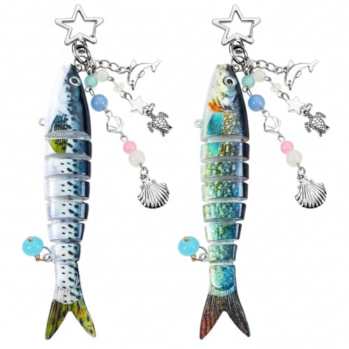 Nosiny 2 Pcs Fish Keychains Charm Fishing Lure Keychain Funny Cute Lifelike Fish Themed Gift Aesthetic Y2k Phone Keychain Beads and Charms Shell Bag Accessories for Women Purse Pendants Beach Decor