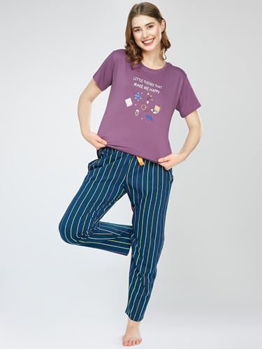 Image of ZEYO Night Suit for Women's Stripe Printed Cotton Night Dress of Top and Pajama Set 5769
