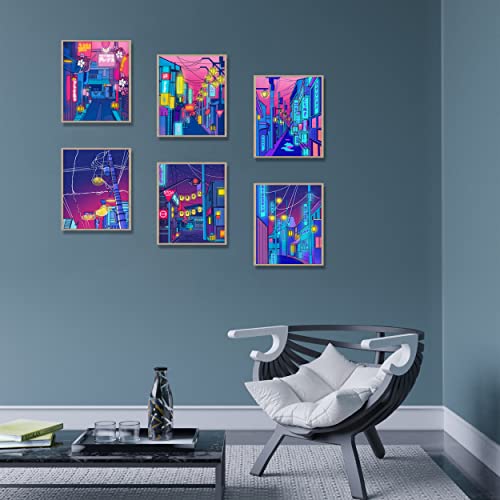 Japanese Wall Art Prints Set Of 6 Anime Neon Posters Abstract Illustration Wall Art Tokyo Streets In The Night Sky Picture Fashion Canvas Art Painting For Living Room Bedroom Wall Decor (8"X10" Unframed) #TOP6