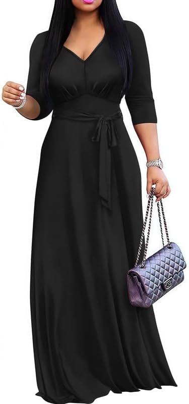 Maxi Dress for Women 3/4 Sleeves V-Neck Semi Formal Church Long Casual Dresses with Pockets