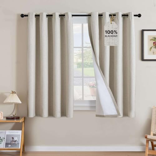 Image of H.VERSAILTEX Linen Curtains 100% Blackout Curtains for Bedroom 54 inch Long Full Light Blocking Nature Linen Blended Window Curtains for Living Room Nickel Grommet (2 Panels, Heathered Linen)