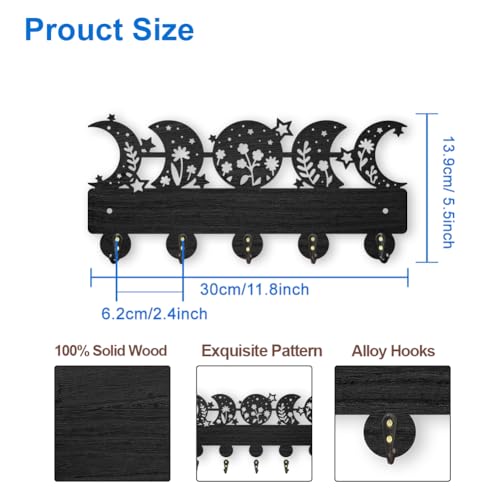 MAYJOYDIY Moon Phase Star Coat Rack Wall Mount Wooden Floral Moon Key Holder for Wall 11.8×5.5inch 5 Alloy Hooks Dreamy Wall Art Decor Black Key Rack Organizer for Gift Entryway Hallway Kitchen Room by MAYJOYDIY - Used condition - Image 2