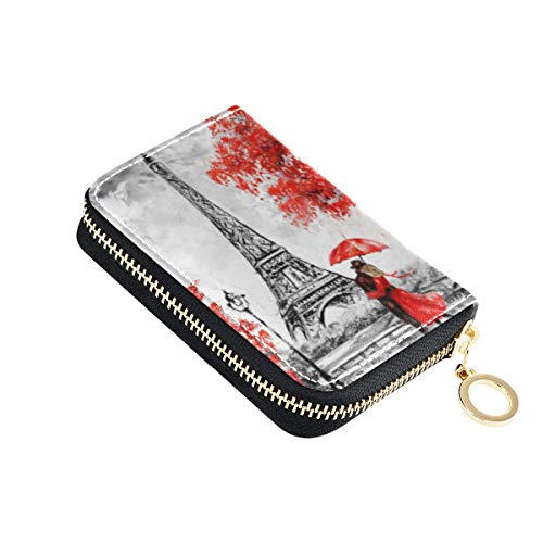 MOYYO RFID Credit Card Holder Case Oil Painting Paris Eiffel Tower Leather Printed Zipper Card Case Wallet for Women Girls