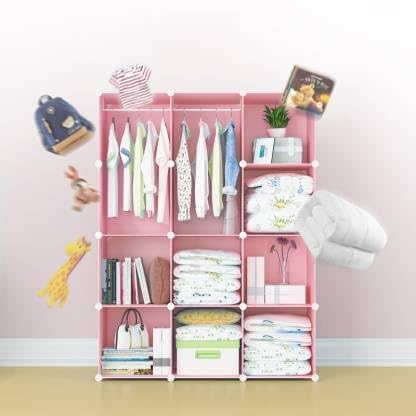 Image of Plastic Wardrobe for Kids Clothes - 12 Door Foldable Cupboard for Bedroom, Baby Clothes Storage Almirah with Doors, Collapsible Wardrobe Kids for Home (R5 Pink)