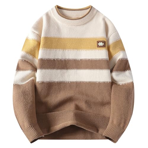 Men's Color Block Striped Knit Sweaters Cable Knit Pullover Sweater Round Neck Fall Winter Chunky Knitted Sweater - Main Image