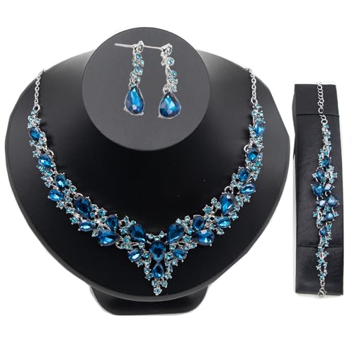 Qlavoca Crystal Bridal Jewelry Set, Floral Statement Necklace, Earrings, Bracelet, Wedding Accessories (Topaz Blue) by Qlavoca - Used condition - Image 3