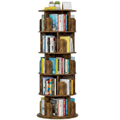 Homieasy Estantería Giratoria 5 Niveles, Librero Giratorio 360° con 20 Compartimentos, 162x40 cm Torre de Libros Giratoria Redonda Ahorra Espacio para Salón Estudio Oficina,Marrón Rústico