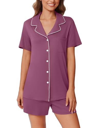 Image of Ekouaer Pajamas Set for Women 2 Piece Pjs Short Sleeve Sleepwear Button Down Lounge Shorts Sets S-XXL