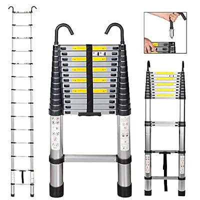 15.8FT Telescopic Ladder w/Non-Slip Feet Detachable Hooks,Aluminum Collapsible Portable Telescoping Ladder for Loft Roof Attic Ceiling,330 Lb Capacity