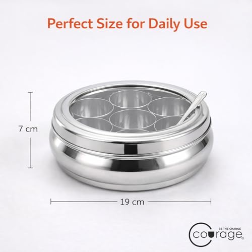 Image of COURAGE Stainless Steel Masala Dabba Spice Box with 7 Containers & Spoon | Airtight Lid | Premium Mirror Finish | Indian Spice Organizer for Kitchen Storage | Durable Masala Box Set with Steel Lid