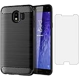 Asuwish Compatible with Samsung Galaxy J4 2018 Case and Tempered Glass Screen Protector Cell Accessories Slim Full Body Protective Silicone Phone Cover for Glaxay J 4 Carbon Fiber Women Men Dark Black