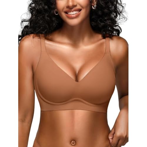 Jelly Bras for Women - S-2XL Seamless Wireless Padded Bralette with Support, Comfy Everyday T-Shirt Bra No Underwire Coffee Medium