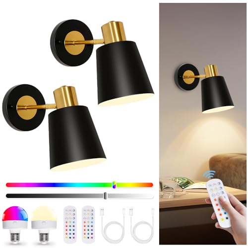 Image of 2 Pack Black Rechargeable Battery Operated Wall Sconces, Vintage Wireless Battery Powered Wall Lights with Remote, 15 RGB Dimmable, Cordless Wall Decor Lamp Indoor for Bedroom Living Room Hallway