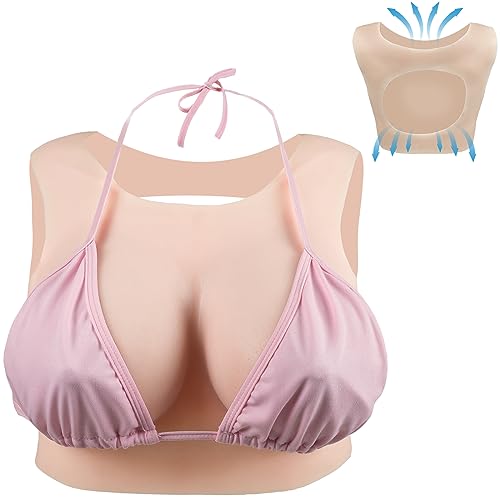 KUMIHO Silicone Breastplate Fake Boob Round Collar Hollow Back Realistic Fake Breast Form Drag Queen Transgender Crossdresser, Silicone Filler B Cup, Nude