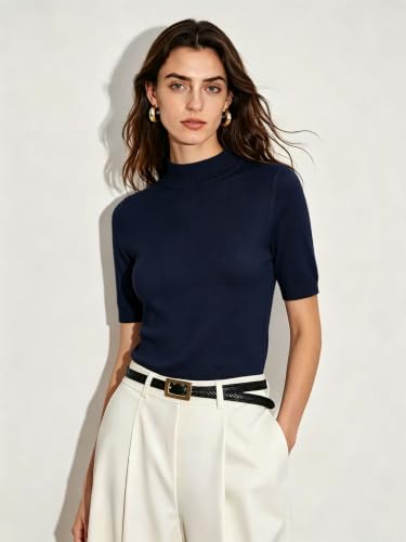 Image of Short Sleeve Mock Neck Turtleneck Sweater Tops Knit T Shirts Capsule Wardrobe Essentials