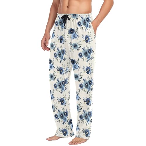 Mens Cotton Pajama Pants Sleep Lounge Pj Bottoms Sleepwear with Pockets Drawstring S Dark Blue Flower4