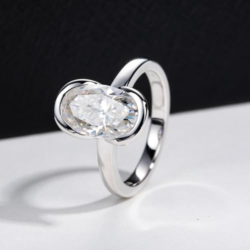 Moissanite Engagement Rings 3CT Half Bezel Setting 11mm*7mm Oval Cut Lab Created Diamond Marquise Cut Solitaire Promise Band Round Cut S925 Sterling Silver Wedding Rings for Women 6