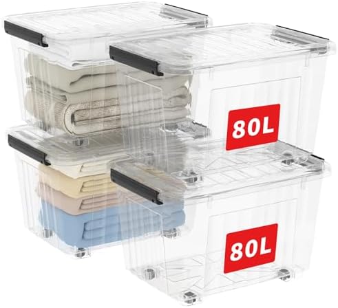 Cetomo Lot De 4 Boîtes De Rangement 80L Avec Roulettes & Couvercle Clips – Plastique Transparent Empilable, Idéal Placard, Bureau, Garage