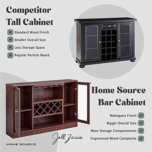 Home Source - Jill Zarin Stylish, Elegant Indoor Home Mahogany-Colored Bar Cabinet With Curved Glass Doors, Built-In Wine Rack, Lower Wine Cabinet, Liquor Cabinet - Mahogany-Colored Wood #TOP4